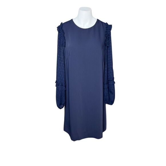 Ann Taylor navy blue shift dress with chiffon polka dot long sleeves size 10 - Picture 2 of 11